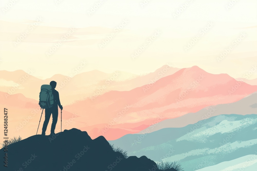 Poster silhouette of hiker on mountain ridge enjoying vast landscape at sunset with space for text. generat