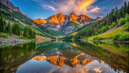 Soft morning light reflects on the serene lake at Maroon Bells dawn, stillness, peaks,  stillness, peaks, mountain, misty