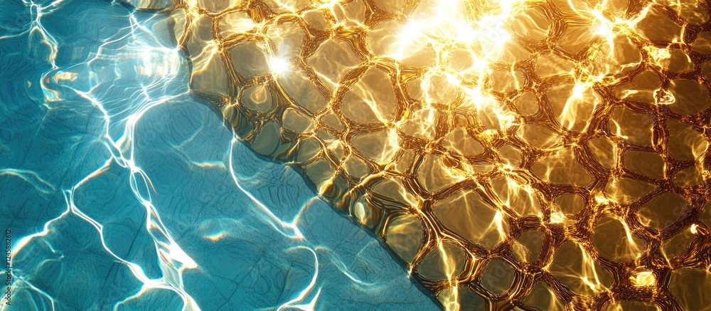 Poster abstract gold and blue water surface patterns in a pool reflecting light and texture for a serene aq