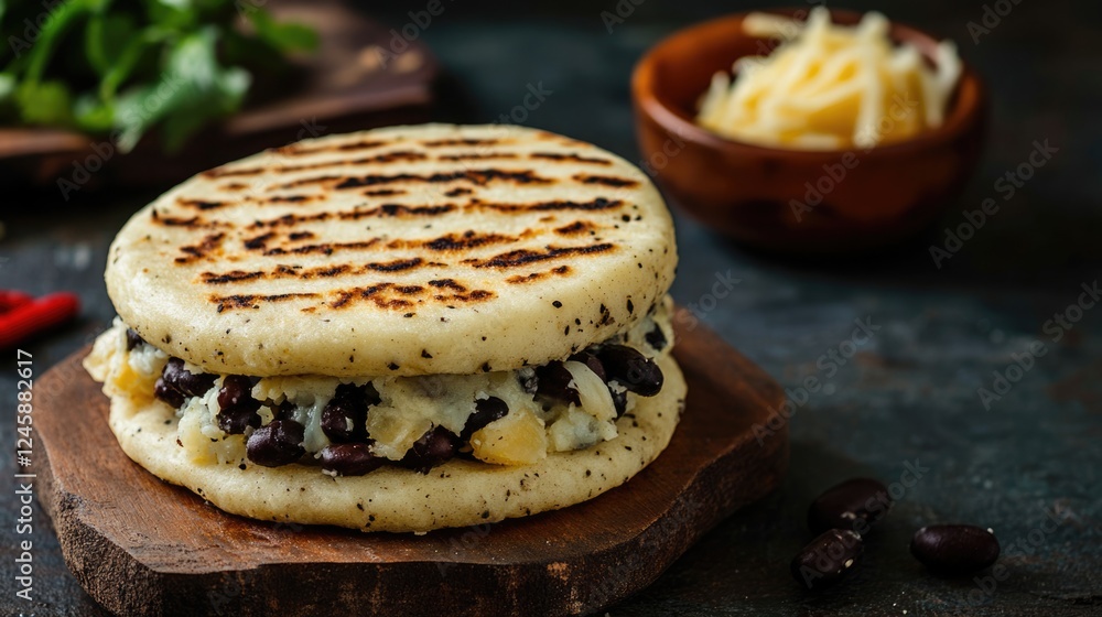 Poster arepa filled with black beans and cheese presented on a wooden board with empty space for customizab