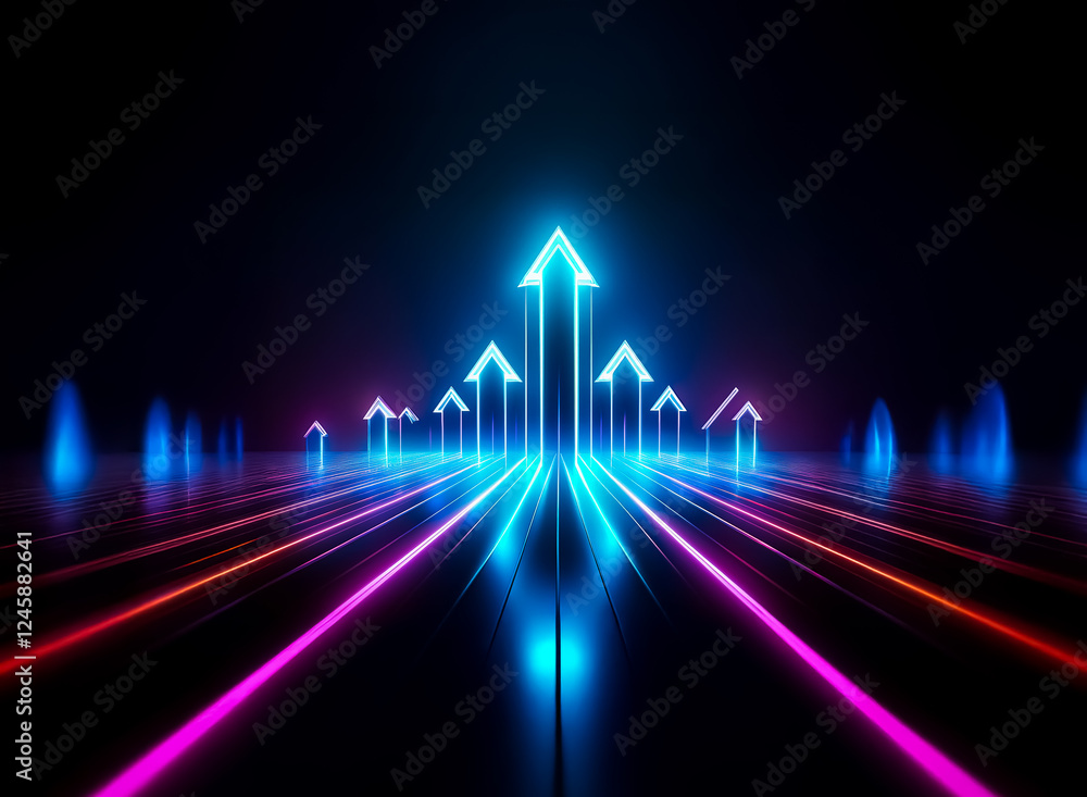 Poster vibrant neon arrows pointing upwards on a dark backdrop, showcasing a concept of direction and growt