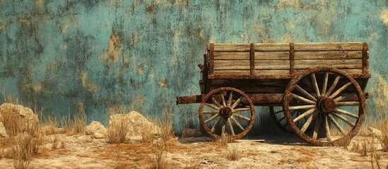 Obraz premium Rustic Pioneer wagon with aged wood and grunge textures set against a weathered blue wall in a wild west inspired scene.
