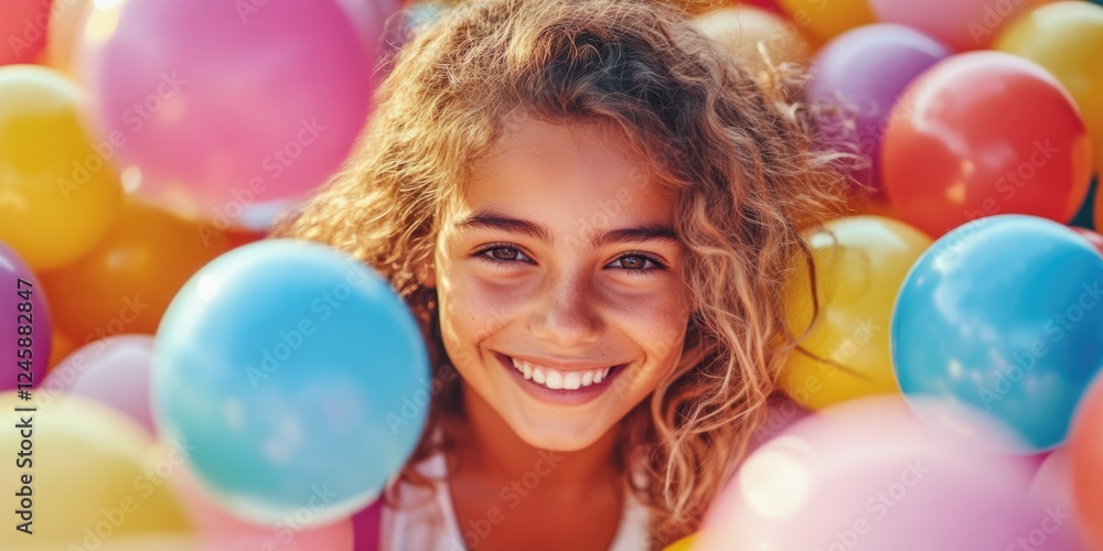 Poster smiling girl surrounded by colorful balloons creating a festive atmosphere with copy space for text