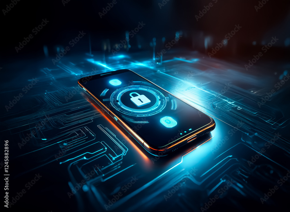 Leinwandbilder Futuristic smartphone displays a lock icon symbolizing digital security in a bright neon tunnel.  Illuminated lines create a cyberspace corridor, suggesting secure online access.