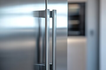Sleek Modern Side-by-Side Refrigerator, Stainless Steel Finish, Kitchen Appliance, Home Interior Design Element, Energy Efficient Cooling System, Fresh Food Storage, Spacious Interior Compartments,   