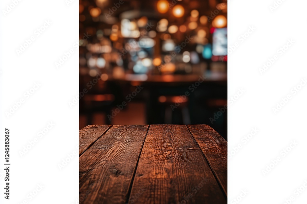 Wall mural Rustic wooden table, pub background, bokeh lights, advertising mockup