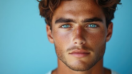 Portrait of young man with curly hair and blue eyes against blue background with freckles and neutral expression Copy Space