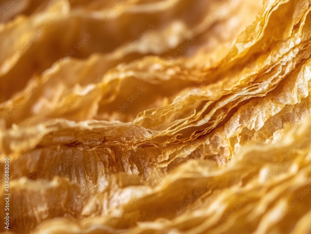 Poster thin flaky structures of a croissant â€“ crispy surface in macro photography.