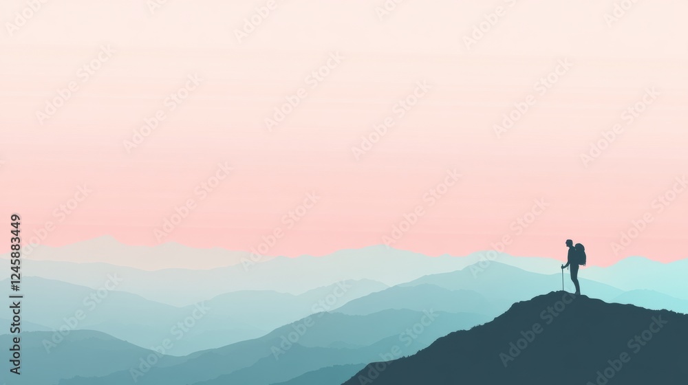 Poster silhouette of a hiker on a mountain ridge at sunset with open space for adventurous quotes or though