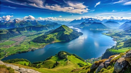 Fototapeta premium Beautiful panoramic view of the Swiss Alps surrounding Lake Lucerne from the summit of Rigi Kulm peak , breathtaking views, Swiss Alps