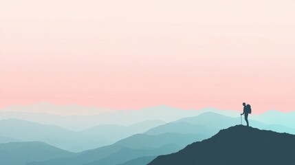 Silhouette of a hiker on a mountain ridge at sunset with open space for adventurous quotes or thoughts. Generative AI