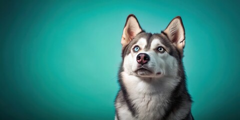 Fototapeta premium A Siberian husky dog sits in a tranquil environment with large brown eyes looking up at something above its head on a colorful turquoise wall , animal behavior, turqoise background