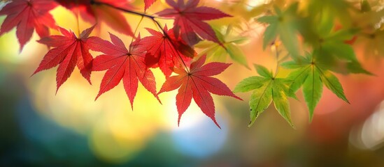 Fototapeta premium Vibrant autumn foliage in shades of red, yellow, and green creating a serene forest landscape nature backdrop in high quality detail.