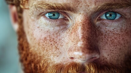 Close-up portrait of a young man with red hair and freckles, focusing on striking blue eyes and facial features, with Copy Space available.