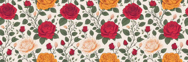 Repeating pattern of roses in red, orange, and light pink, with green leaves and small buds on a white background.