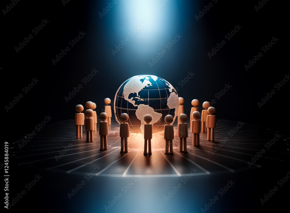Poster a group of glowing figures stand in a circle around a digital globe in a dark space. the scene sugge