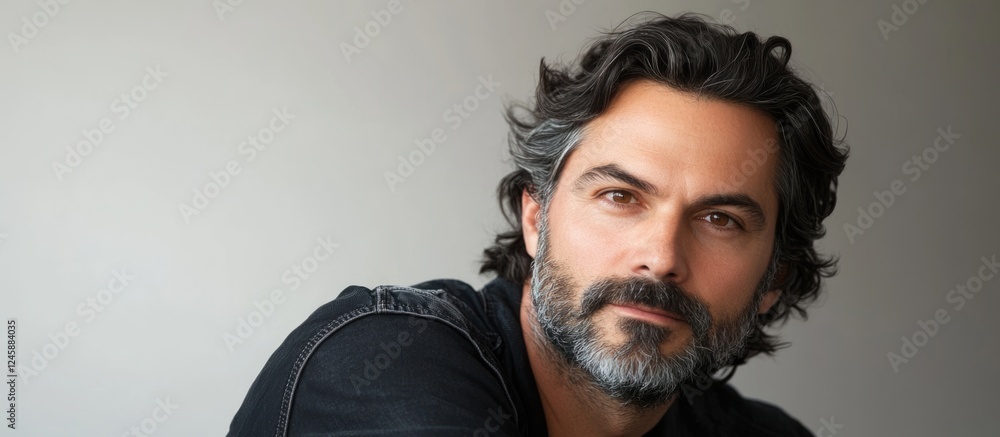 Poster portrait of a man with wavy hair and beard looking at the camera against a neutral background with c