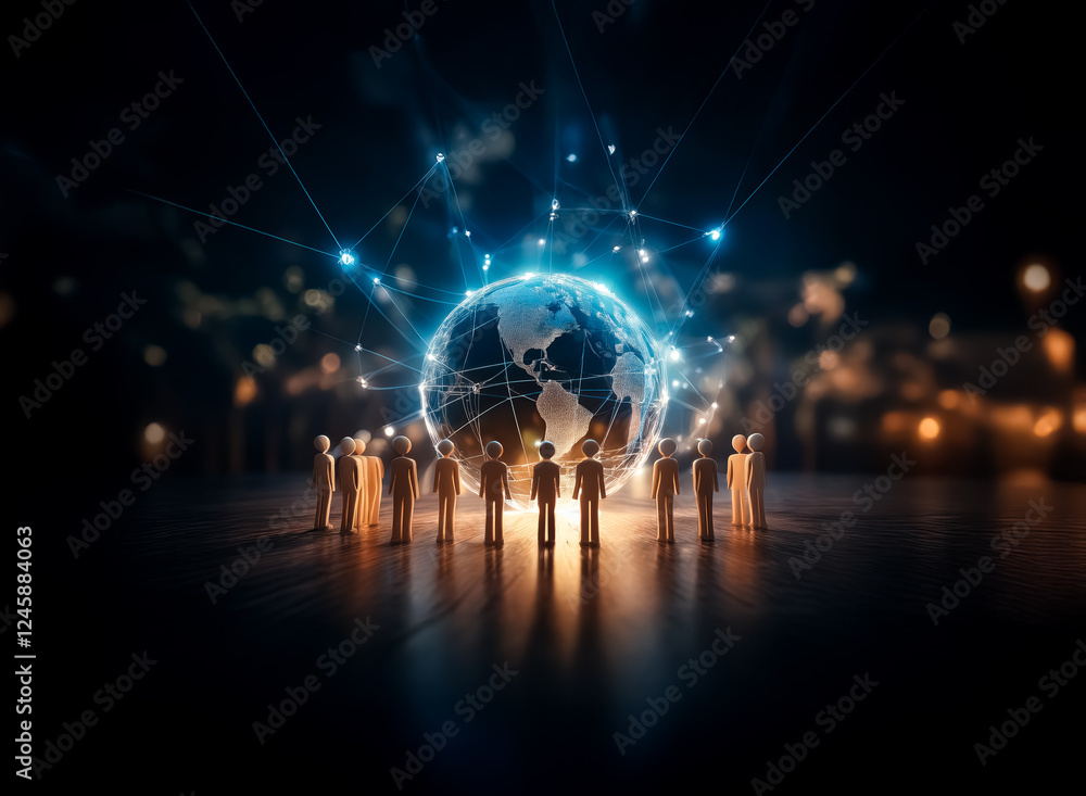 Poster a bright light illuminates a global network connecting people around the world. conceptual represent