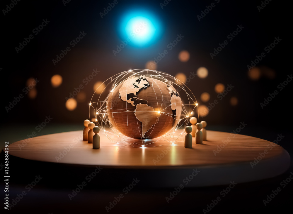 Poster wooden figures encircle a glowing globe on a table. light connects them, representing global network