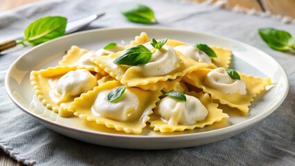 Creamy ricotta and basil filling inside a delicate ravioli pasta, topped with a dollop of whipped cream and fresh basil leaves, all on a clean white plate, basil, dinner