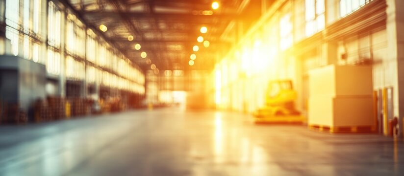 Abstract Blurred Industrial Warehouse Interior with Cargo Loader and Warm Lighting for Text Space