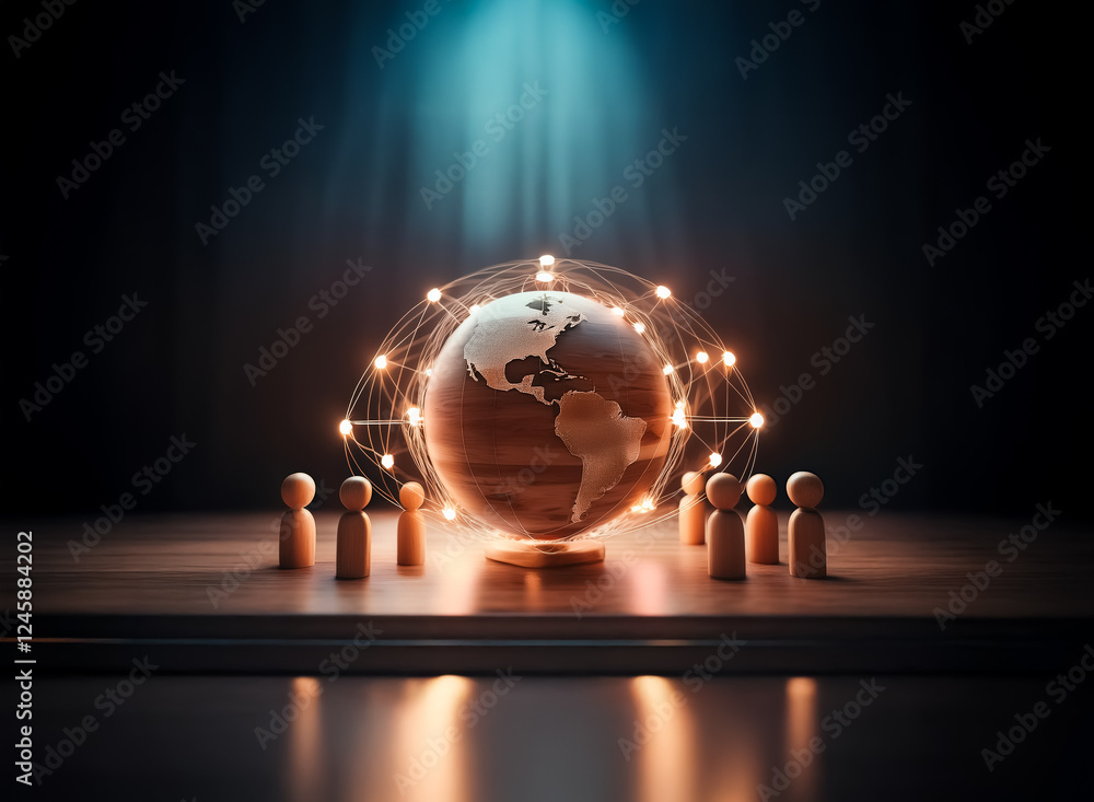 Aufkleber a wooden globe with light strings connects to wooden figures arranged around it on a table in a dim 
