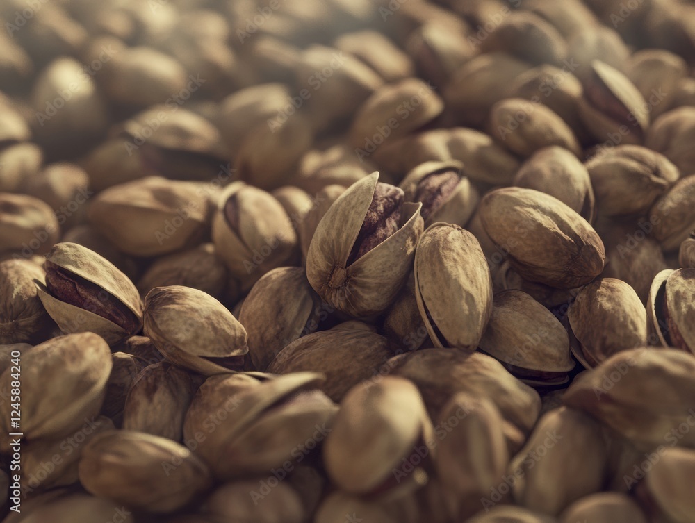Poster pistachios in shell â€“ details of shell and kernel.