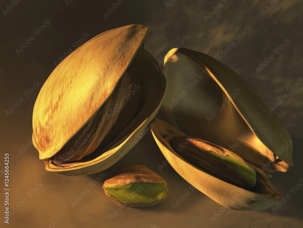 Poster pistachios in shell â€“ details of shell and kernel.