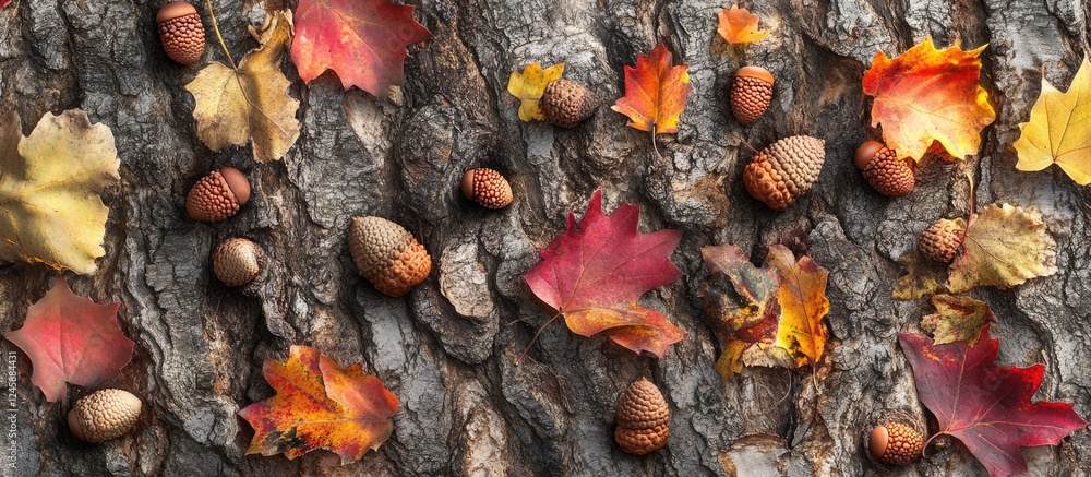 Poster autumn forest background with colorful leaves and acorns on textured tree bark creating a seasonal n