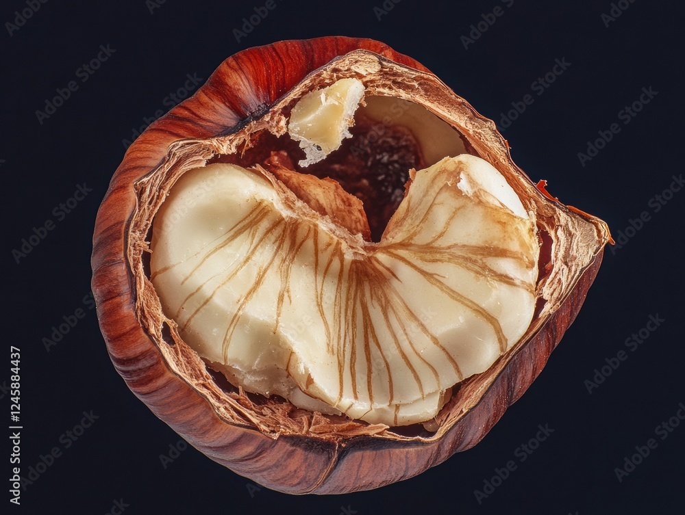 Poster hazelnut in cross section â€“ structure of nut pulp.