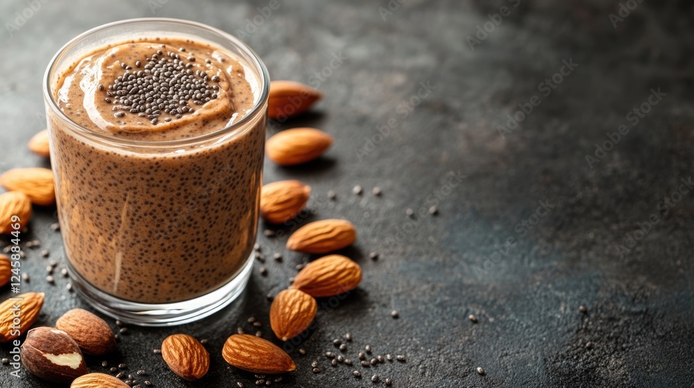 Poster almond butter chia seed smoothie in glass surrounded by almonds with empty space for text on dark ta