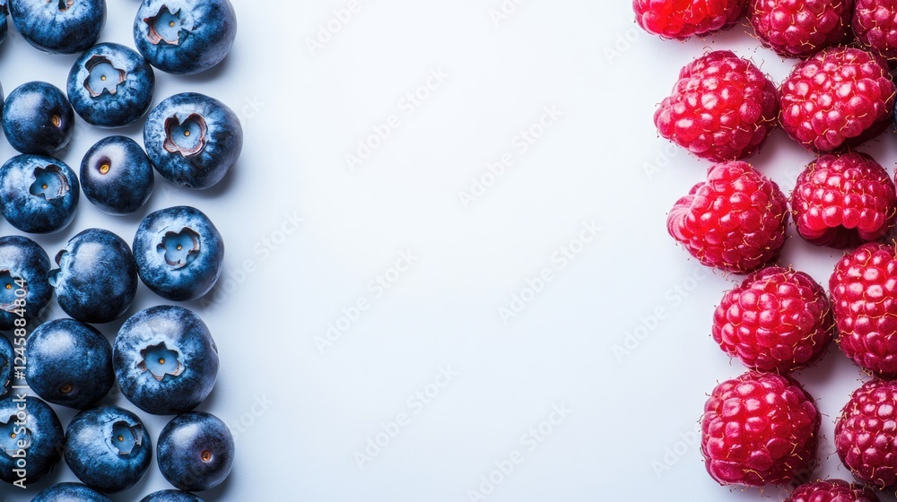 Poster antioxidant rich blueberries and raspberries on white background with copy space for text placement 
