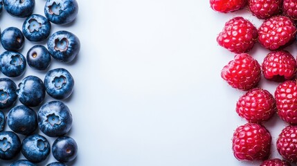 Antioxidant Rich Blueberries and Raspberries on White Background with Copy Space for Text Placement Top View Flat Lay Image