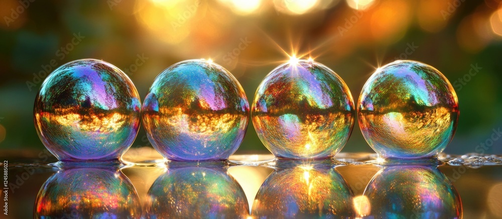 Poster colorful abstract macro image of soap bubbles reflecting light with a dreamy bokeh background showca