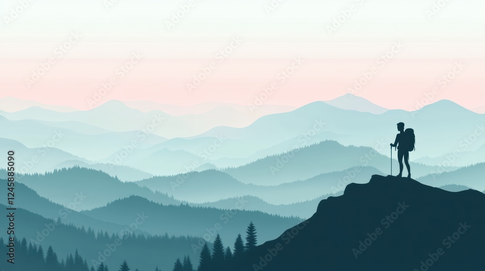 Poster silhouette of a hiker on a mountain ridge during dusk with space for motivational text. generative a