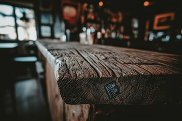 Rustic bar counter, wood grain detail, pub interior, blurry background, drink menu