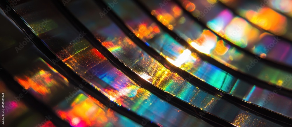 Poster colorful abstract light patterns reflecting on a curved plastic surface creating a vibrant and artis