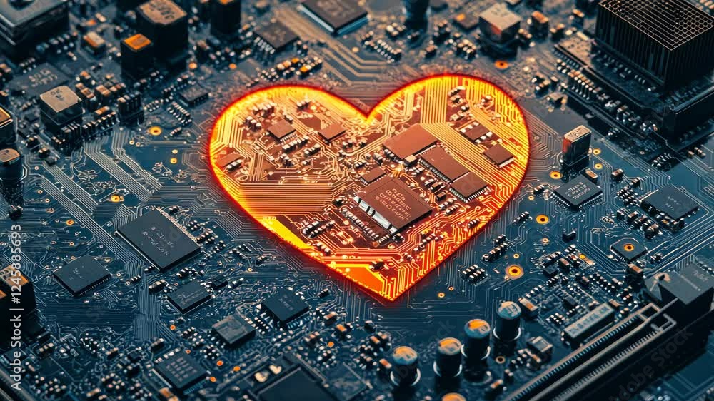 Poster glowing heart in circuit board: illuminated tech connection