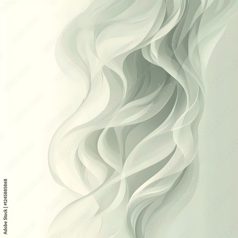 Poster an ethereal abstract design featuring flowing, translucent waves in soft shades of green, creating a