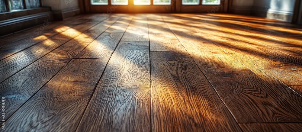 Poster sunlit wooden floor with rich textures showcasing warm tones and natural light patterns creating an 