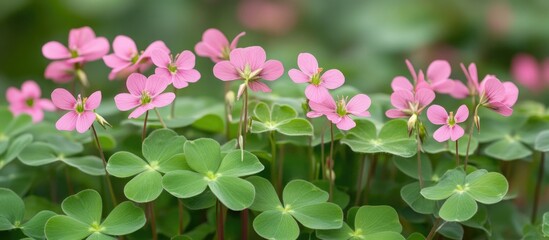 Vibrant pink flowers of Oxalis articulata contrast beautifully with lush green leaves in a tranquil garden setting.
