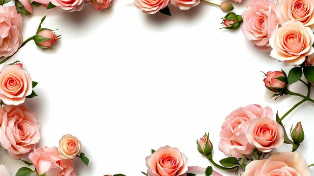 Soft pink flower roses surrounding elegant ribbon, forming graceful frame against pure white backdrop, embodying romantic elegance copy space for your text video 4K