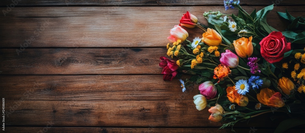 Poster vibrant bouquet of assorted flowers arranged on rustic wooden background with ample copy space for c