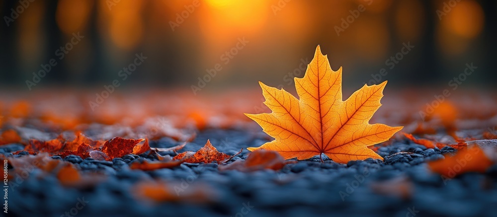 Poster golden autumn maple leaf resting on a blurred background of fallen leaves and trees capturing the es