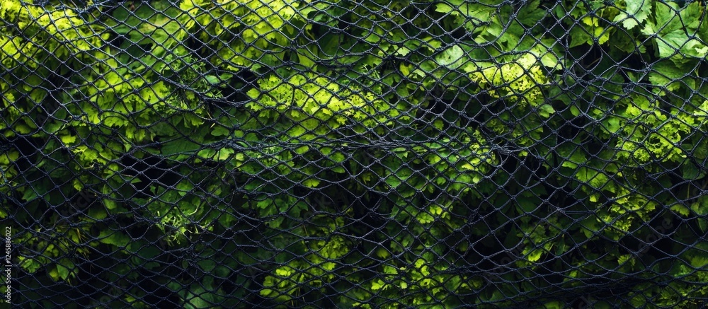Poster lush green foliage intertwined with a decorative net creating a serene and natural backdrop for vari