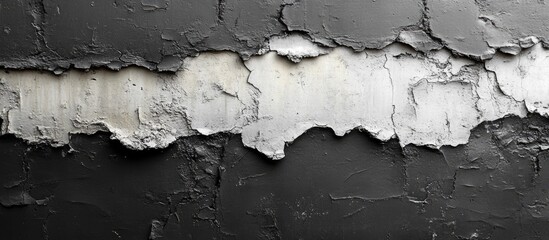 Grunge abstract background featuring a textured black and white wall with peeling paint and cracked surfaces for artistic designs.