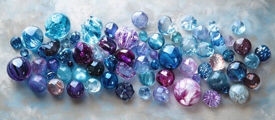 Colorful assortment of glass beads in blue purple and silver hues arranged artistically on a soft gray background for decorative purposes.