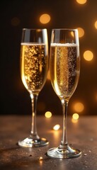 Golden champagne flutes clinking, festive bubbles , togetherness, drink