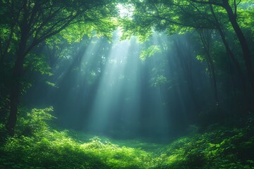 Naklejka premium Enchanting Forest with Sunlight Beams Through Lush Greenery for Nature Inspiration