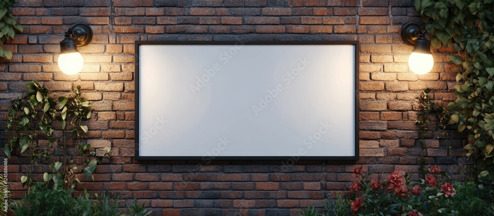 Poster empty advertisement frame on a brick wall illuminated by spotlights with decorative plants creating 